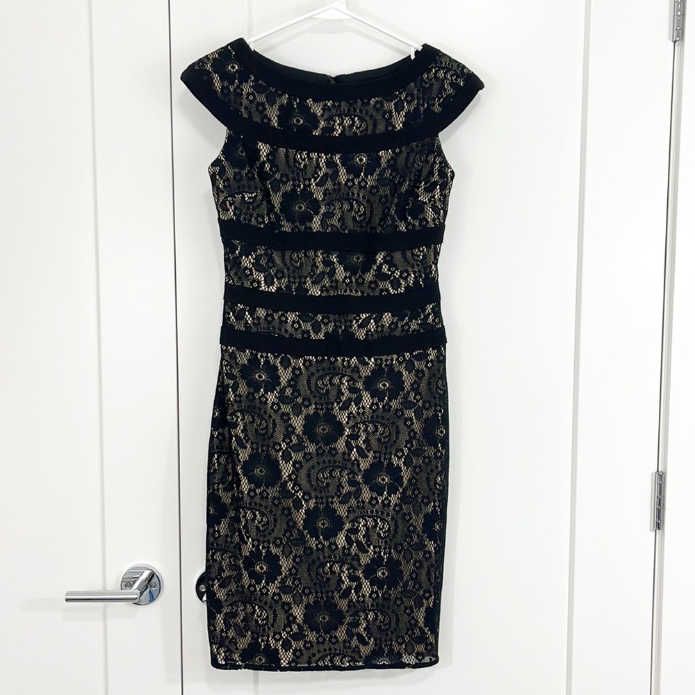 Adrianna Papell Size 2 Beige Black Lace Overlay Cap Sleeve Bodycon Formal Dress - Picture 1 of 12